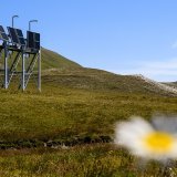 Le parc solaire alpin Grengiols Solar est prévu entre 2000 et 2500 mètres d'altitude dans le parc naturel de la vallée de Binn. Ici, une installation-test en juillet 2023. (Archives). KEYSTONE/JEAN-CHRISTOPHE BOTT